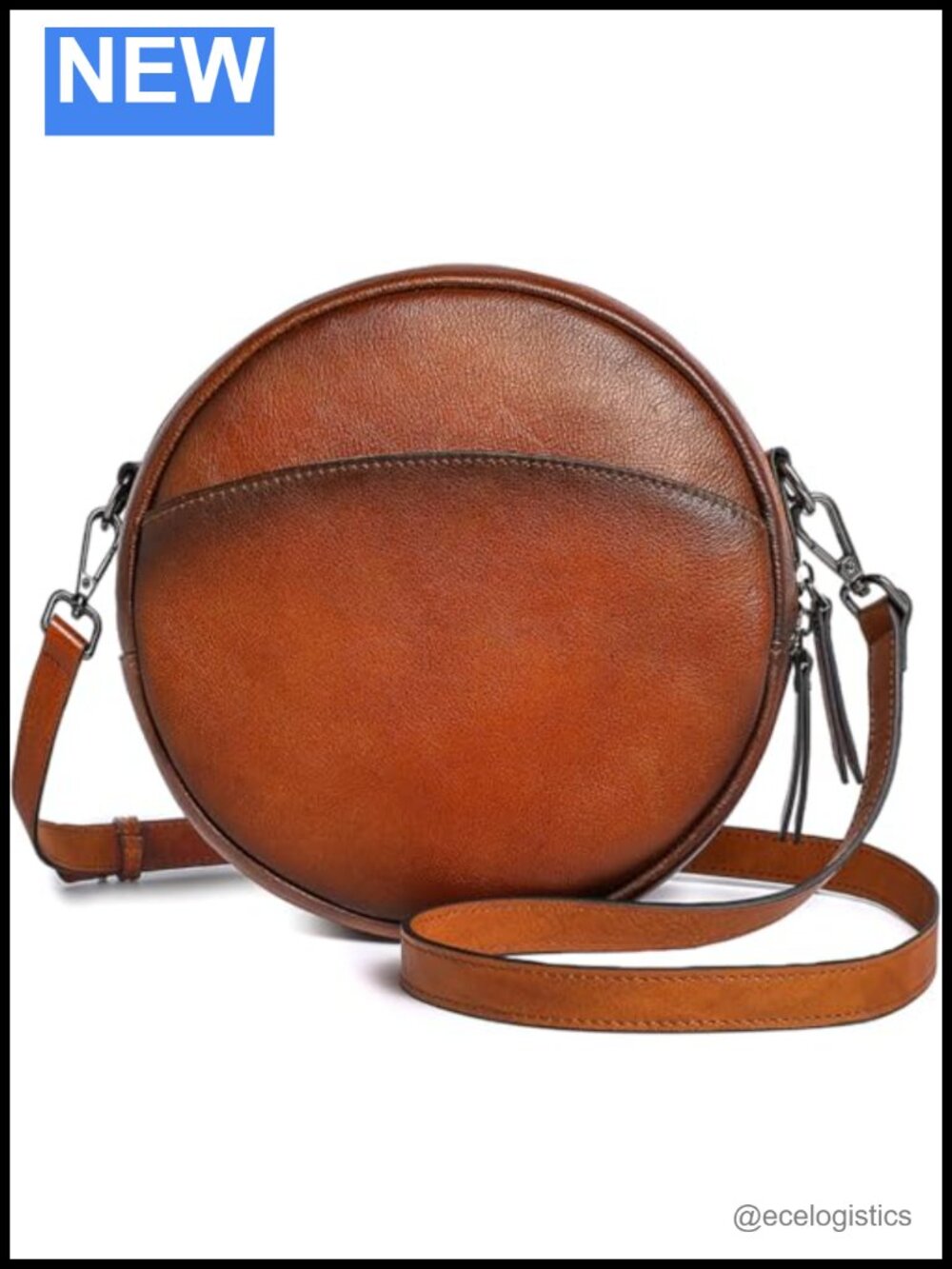 Genuine Leather Round Crossbody Bag with Adjustable Straps Travel Purse